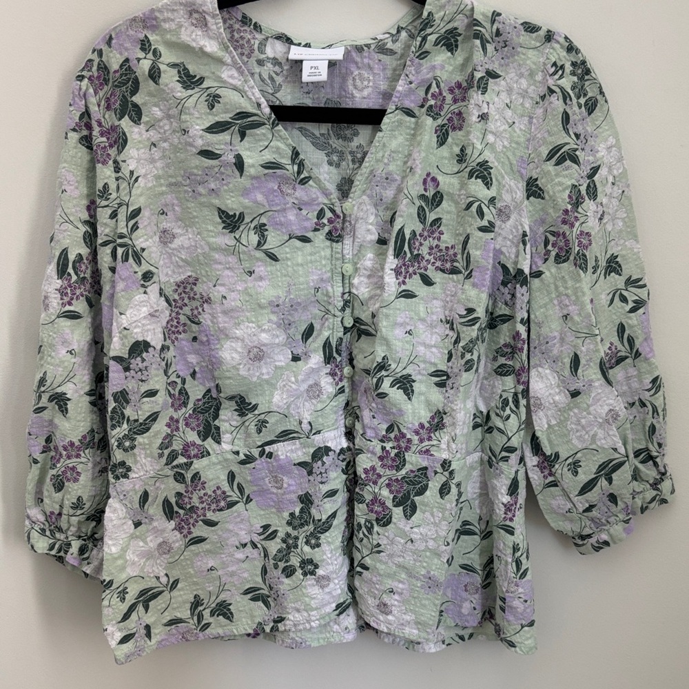 Liz Claiborne Green and Purple Floral Blouse
